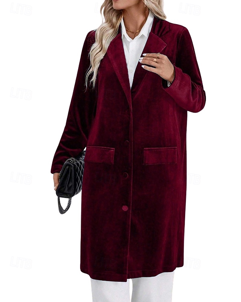 Dam Kavaj Kappa Håller värmen Bekväm Ficka Knappar Elegant Mode Slät Fest Födelsedag Fest / afton Ledigt Lång Nedvikt Normal Långärmad Ytterkläder Svart Vin Blå Höst Vinter 2025 - $44.99 –P18