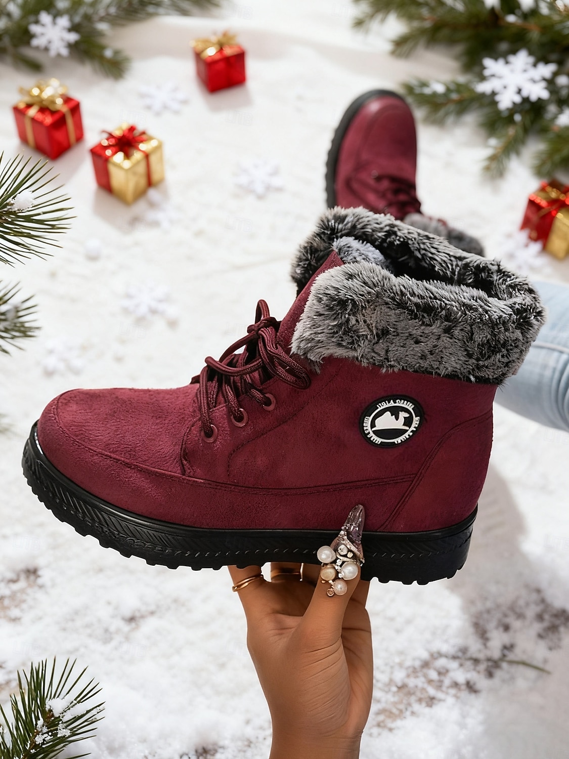női bordó műszőrmével bélelt hótaposó – meleg téli csizma kültéri karácsonyi tevékenységekhez és hideg időben való viseletre 2025 - $34.99 –P3
