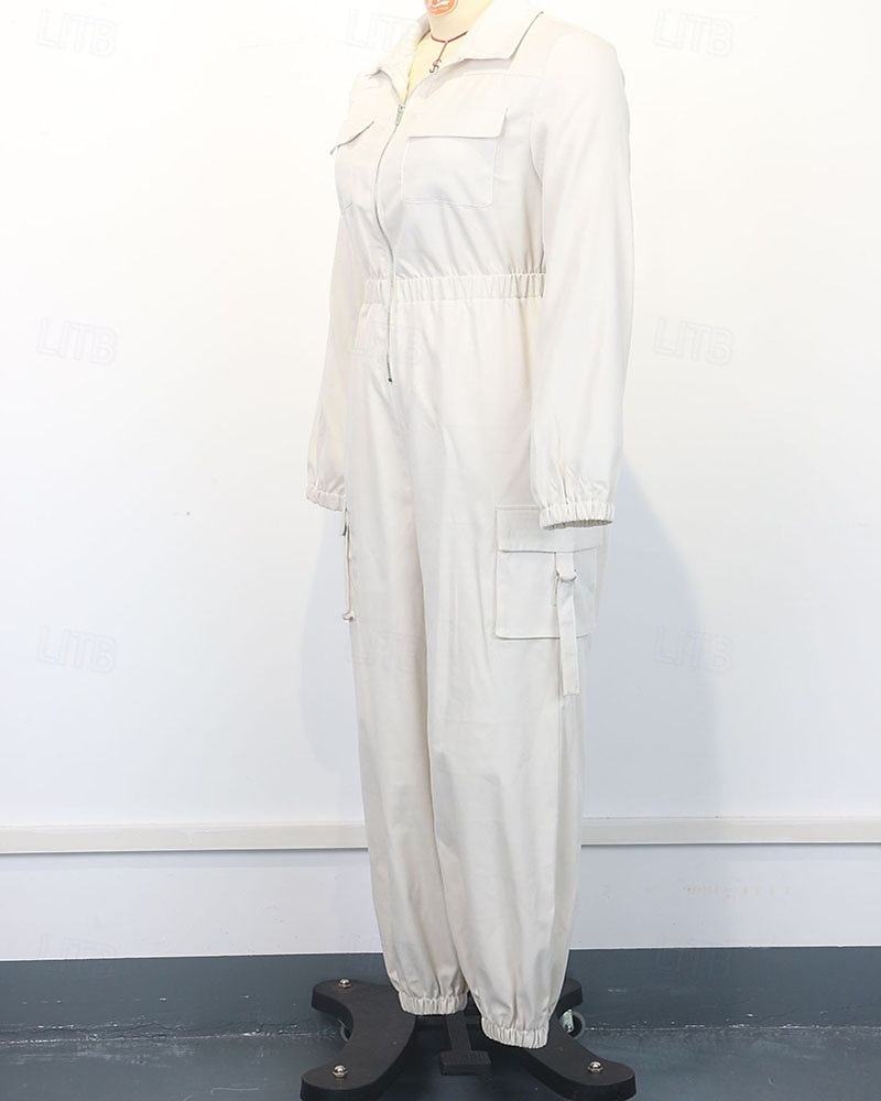 בגדי ריקוד נשים סרבלים פעיל צבע אחיד שרוול ארוך מכנסי קרגו צווארון חולצה רוכסן כיס חופשה יומי רגיל שחור משמש אביב 2026 - $45.99 –P6