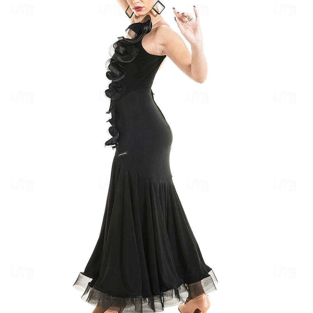 Women's Ballroom Dance Dress One Shoulder Ruffle Latin Tango Waltz Competition Performance Gown Elegant Flowing Skirt – Black 2026 - $191.99 –P3