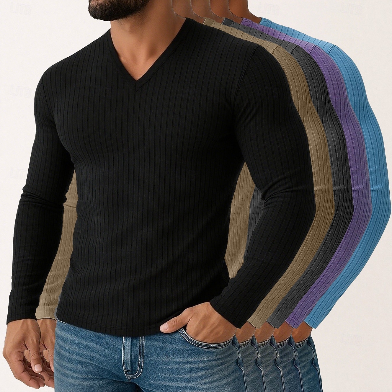 Miesten T-paita Ribbineulos T-paita Pitkähihainen paita Pitkähihainen V kaula-aukko Kevät Syksy Talvi Tavallinen Pystysuuntaiset nauhat Pit Strip Muoti Suunnittelija Perus 5-osainen Monipakkaus Loma 2025 - $75.99 –P7