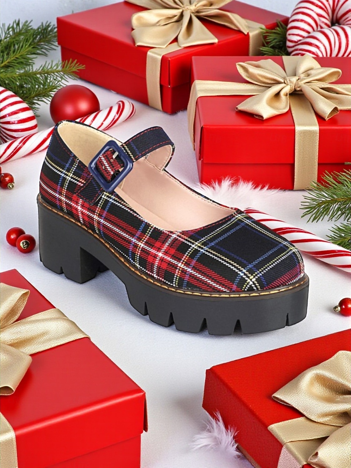 Rote Mary Jane Plateauschuhe mit Schnalle im Karomuster für Damen – festlicher Weihnachtsstil, perfekt für Urlaubsoutfits und Weihnachtsfeiern 2026 - $59.99 –P3