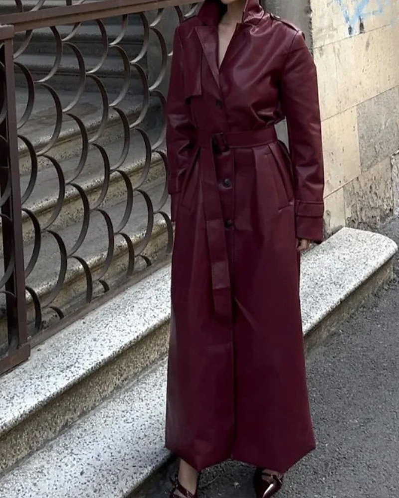 Dam Imitationsläderjacka Trenchcoat Håller värmen Bekväm Ficka Knappar Mode Slät Formell Utomhus Semester Ledigt Lång Nedvikt Normal Långärmad Ytterkläder Svart Mörkröd Höst Vinter 2025 - $67.99 –P1