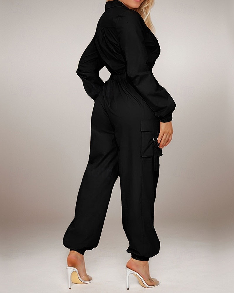 בגדי ריקוד נשים סרבלים פעיל צבע אחיד שרוול ארוך מכנסי קרגו צווארון חולצה רוכסן כיס חופשה יומי רגיל שחור משמש אביב 2026 - $45.99 –P2