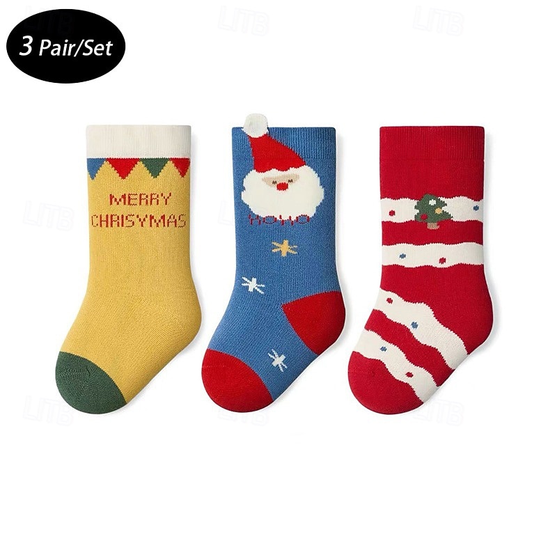 Barn Pojkar 3 Par Jul julklapp Strumpor Flerfärgad Julgran jultomten Mönster Höst Vinter Dagliga kläder 2025 - $4.49 –P1