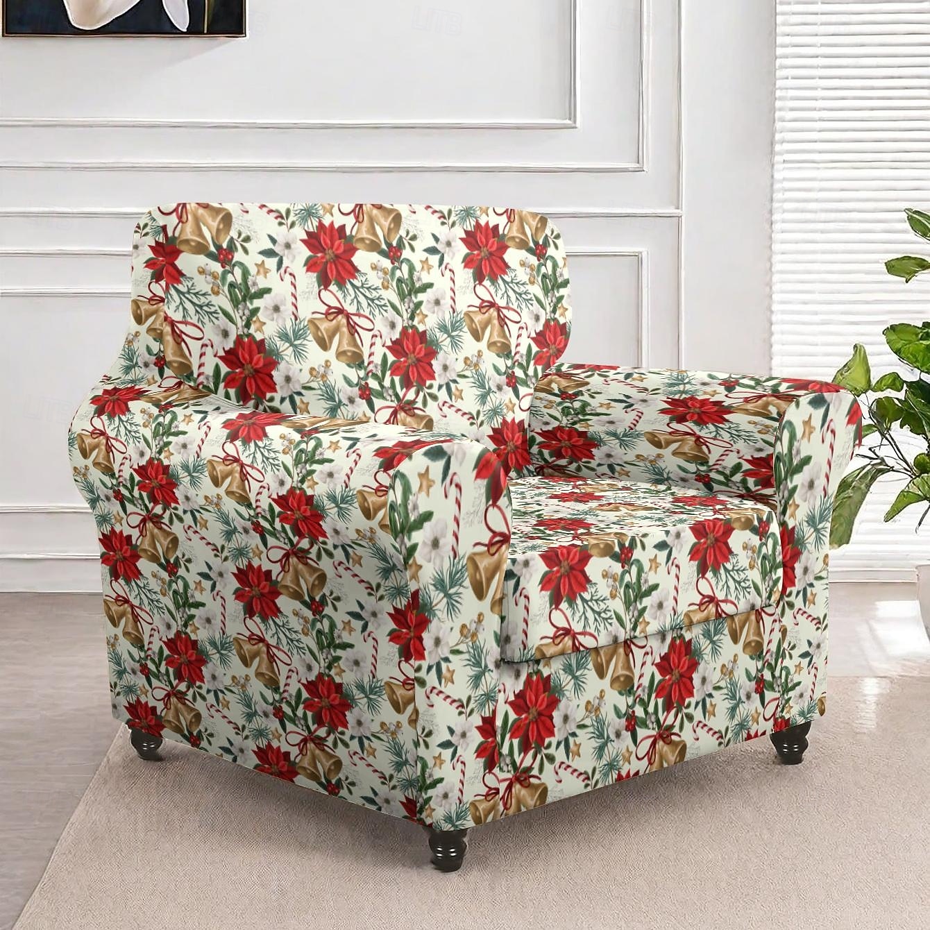 Fundas navideñas para sillones y sofás, confeccionadas en poliéster elástico teñido con hilo, con diseño de plantas, ideales para la decoración navideña del hogar. 2025 - $29.99 –P7