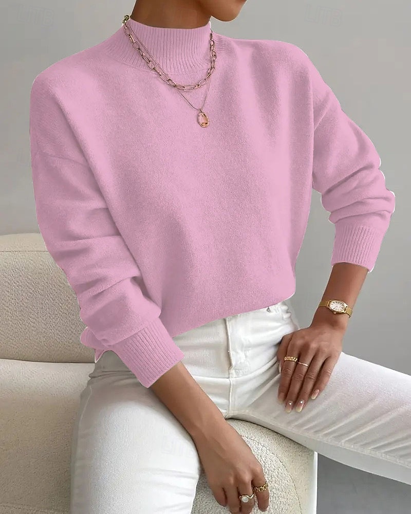 Women's Sweater Pullover Fashion Streetwear Casual Solid Color Mock Neck Knitted Long Sleeve Regular Tops Knit Daily Holiday Going out Yellow Pink Fall Winter 2026 - $33.99 –P7