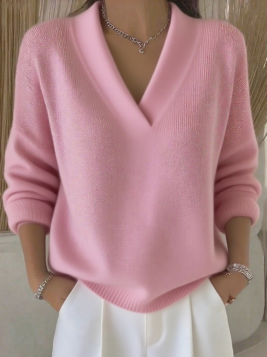 Women's Sweater Elegant Fashion Cute Solid Color Ribbed V Neck Knitted Braided Long Sleeve Regular Tops Knit Formal Outdoor Home Wine Red Pink Spring Fall 2025 - $41.99 –P1