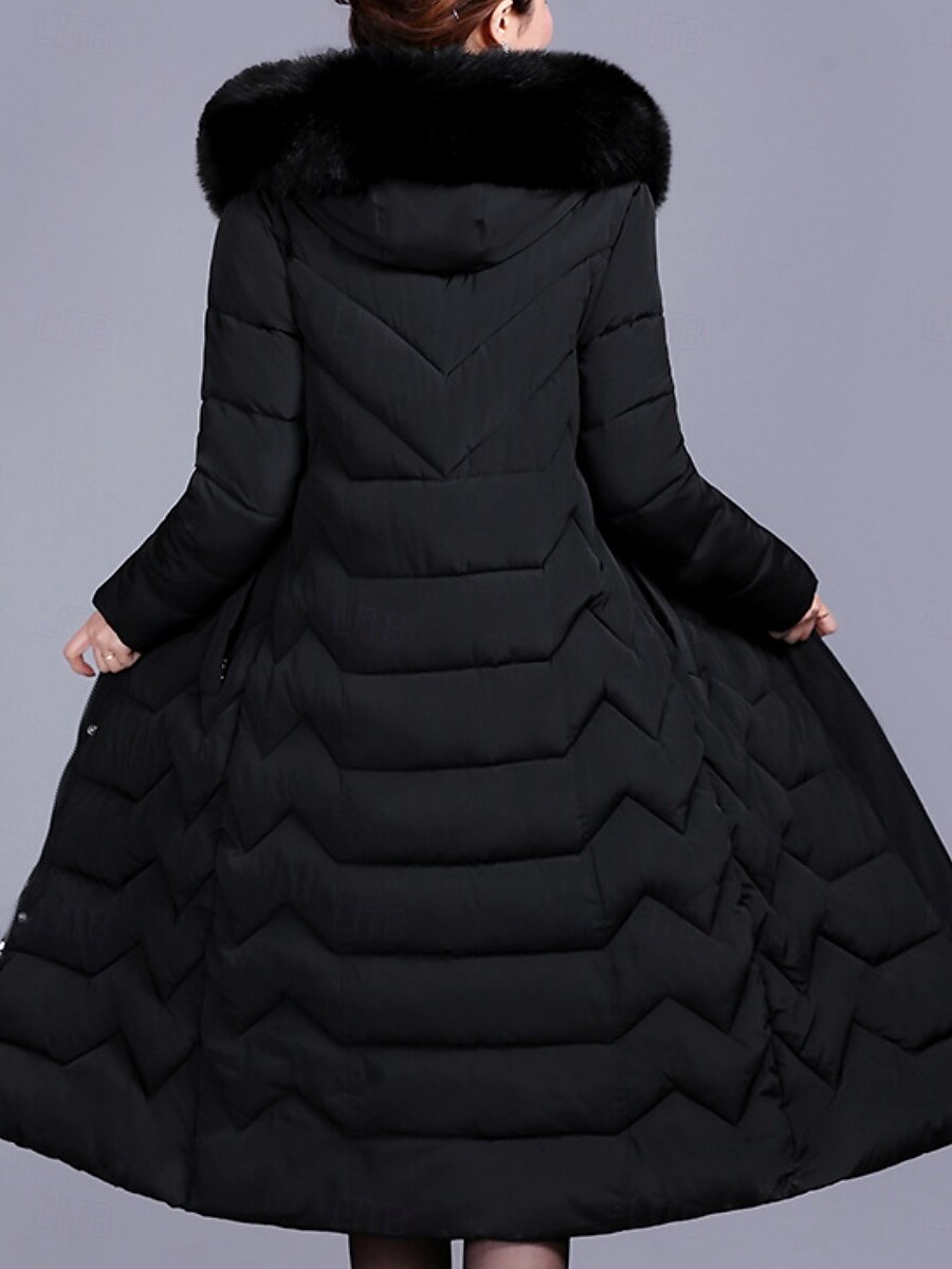 Dam Anorak Bekväm Andningsfunktion Dragkedja Ficka Knappar Pälskrage Ledigt Slät Semester Gata Ledigt Dagliga kläder Dragkedja Lång Huva Normal Långärmad Ytterkläder Svart Vin Rubinrött Vår Höst 2025 - $71.99 –P4