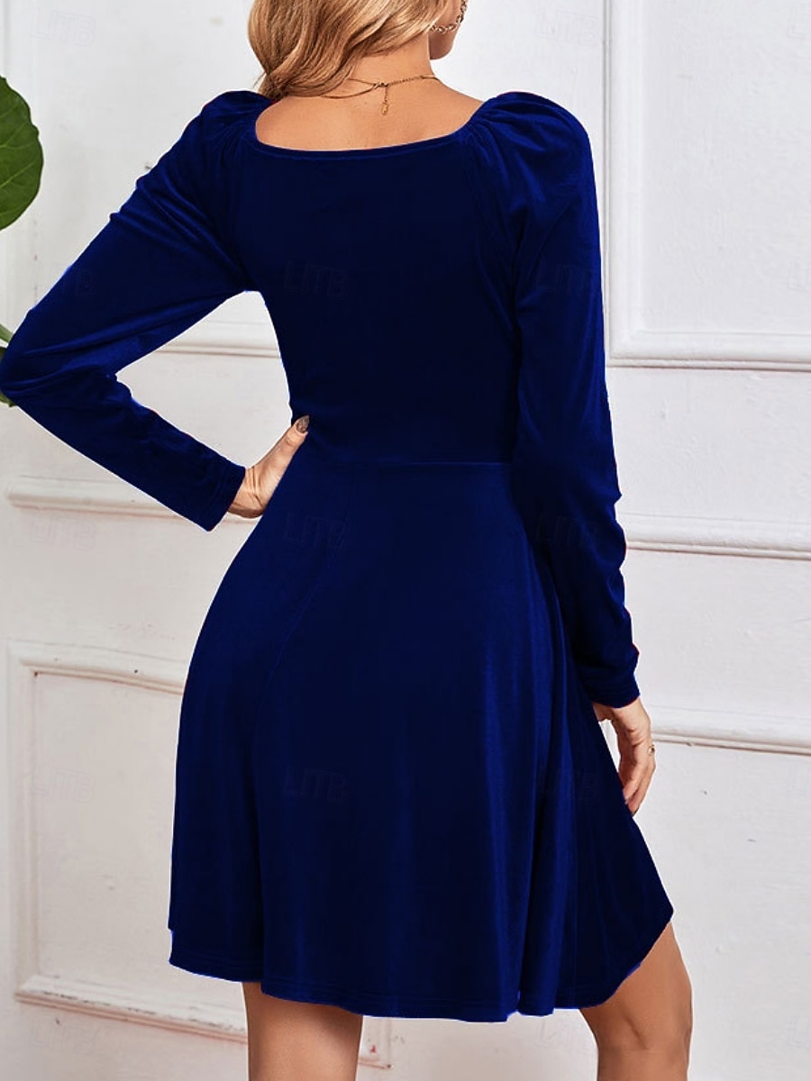 Świąteczna sukienka mini z weluru dla kobiet sukienka w kształcie litery A elegancka na przyjęcia koktajlowa na świeżym powietrzu regularne dopasowanie jednolity kolor długi rękaw dekolt w serek 2025 - $57.99 –P12