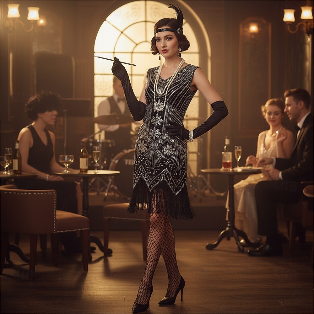 Conjunto Rugido 20s 1920s Hasta la Rodilla Vestido Flapper Vestido Cóctel Disfraz de lujo con accesorios Sin Mangas El gran Gatsby Chica de la aleta Lentejuelas Borlas Escote en Pico Disfraz Mujer 2026 - $50.99 –P7