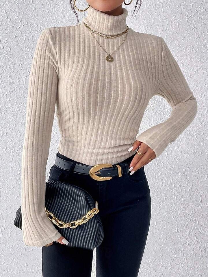 Dame Genser Fritid Myk Ren farge Riflet Rullekrage Strikket Langermet Vanlige topper Strikke utendørs Daglig Helg Svart Vin Høst Vinter 2025 - $23.99 –P8