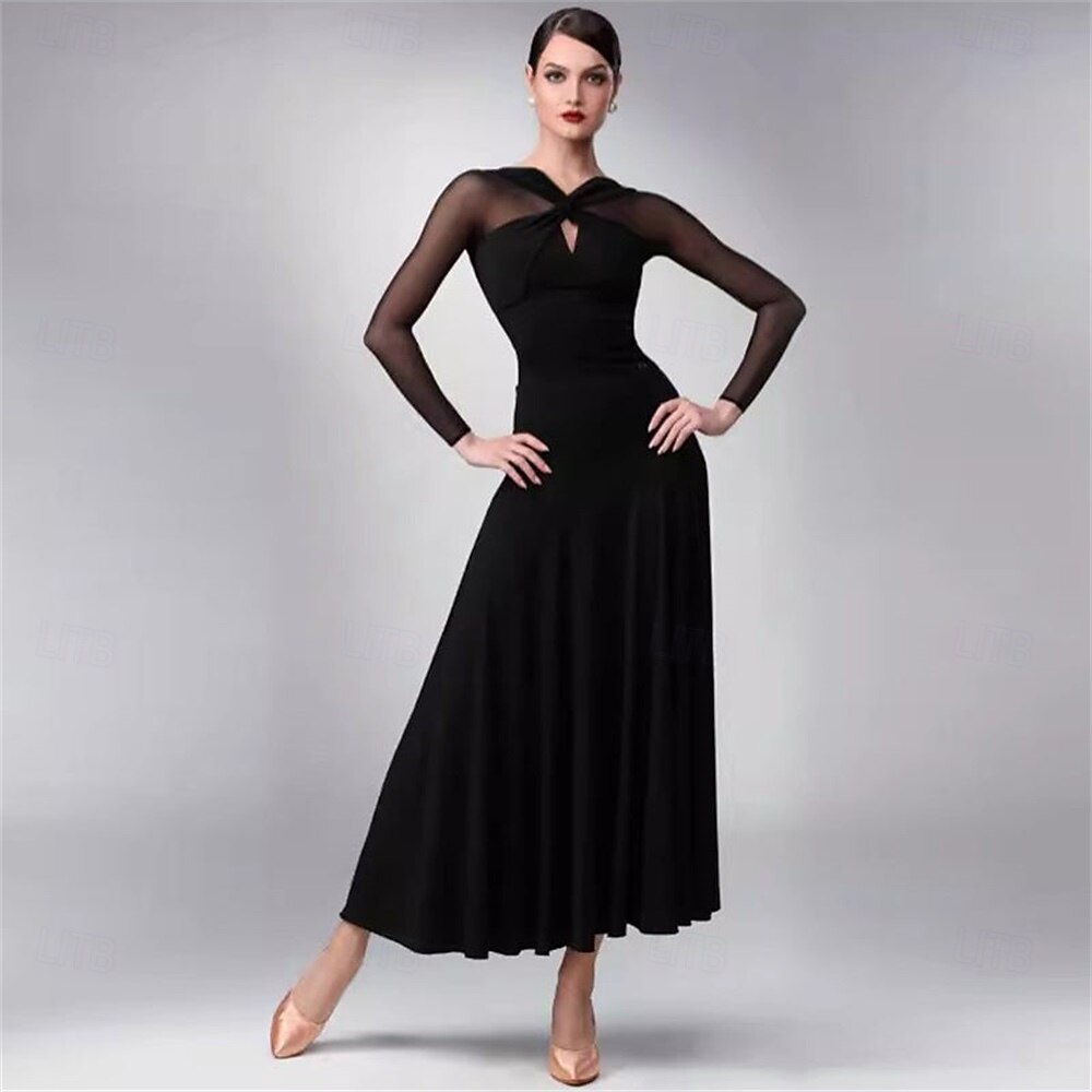 abito da ballo da sala da donna blu navy elegante a maniche lunghe in rete con scollo incrociato, abito da competizione per valzer, foxtrot e tango del 2026 a $337.89 –P10