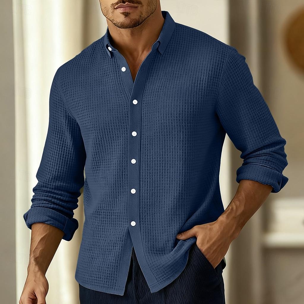 Men's Shirt Waffle Shirt Casual Shirt Button Up Shirt Black Wine Navy Blue Green Long Sleeve Plain Lapel Casual Daily Clothing Apparel Fashion Streetwear Casual 2026 - $25.99 –P6