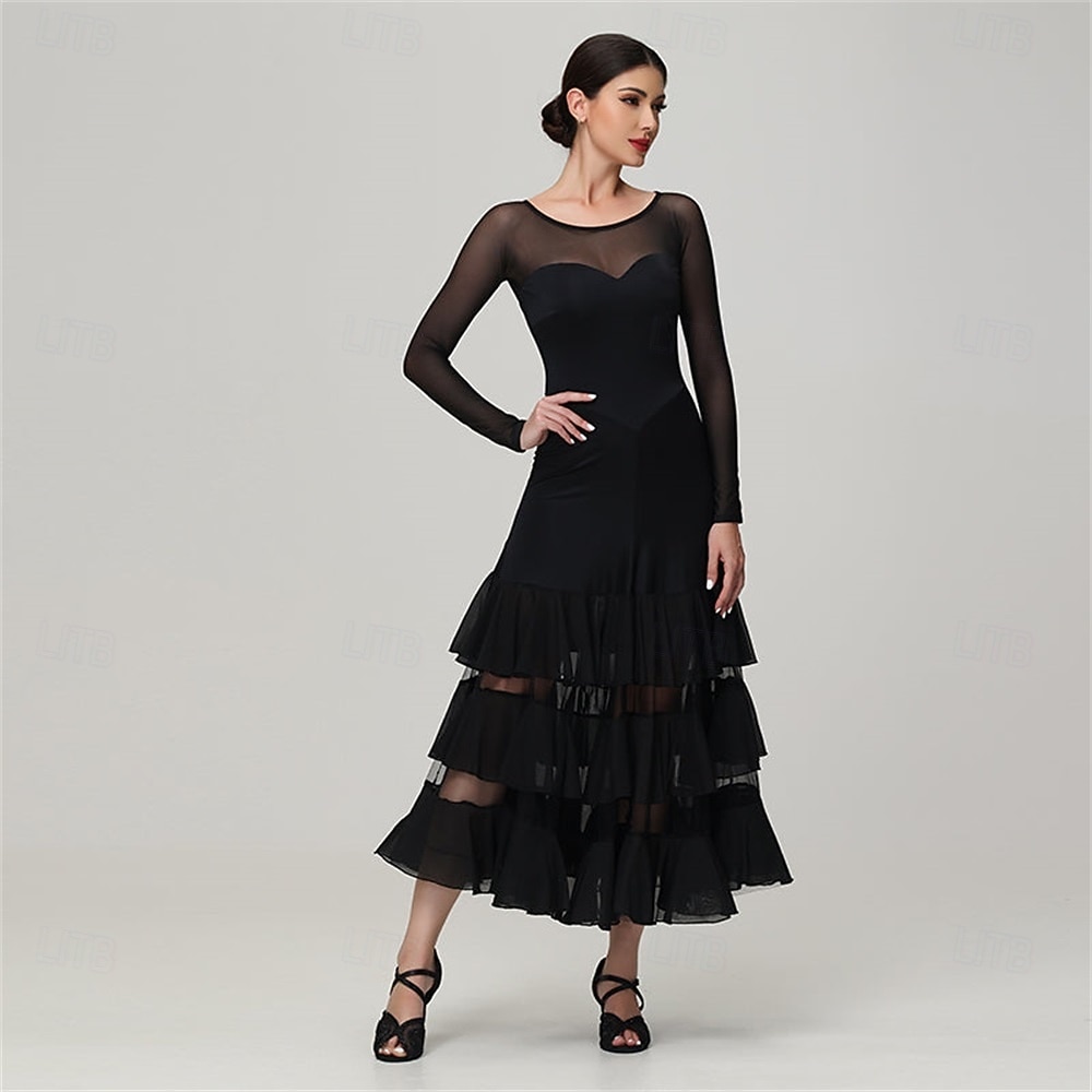 Women's Ballroom Dance Dress Layered Ruffle Mesh Long Sleeve Elegant Tango Waltz Foxtrot Competition Performance Gown – Black 2025 - $234.99 –P7