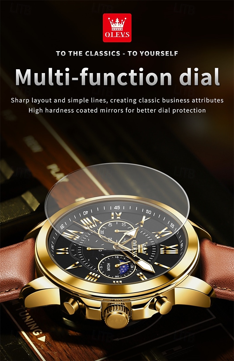 The New Olevs Brand Men'S Business Watch With Luminous Small Three Hands Moon Phase Display Multi-Functional Chronograph Three-Eye Casual Waterproof And Fashionable Quartz Watch Men'S Sports Wrist 2025 - $28.99 –P3