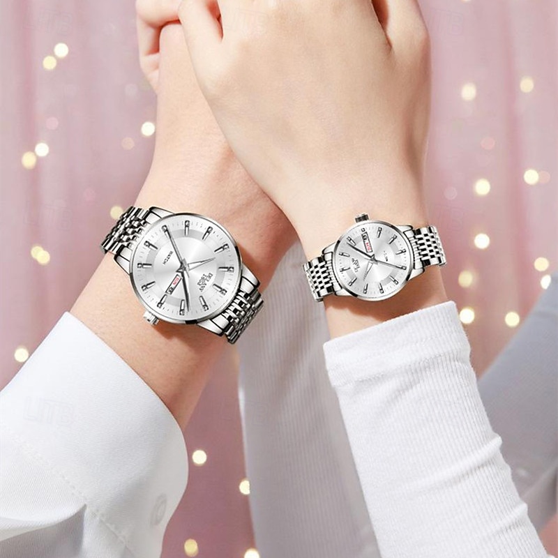 Două ceasuri noi și la modă cu cuarț pentru cupluri - carcasă din oțel inoxidabil, rezistență la apă IPX7, calendar dublu luminescent, dată și afișaj duminică/luni, curea din aliaj - cadou ideal 2025 - $24.99 –P9