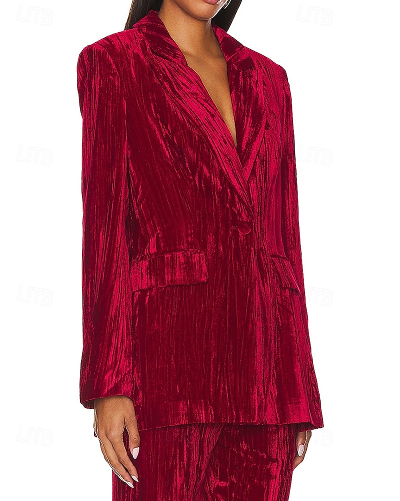 Dam Kavaj Sammetsblazers Håller värmen Bekväm Rynkad Ficka Knappar Elegant Retro Ensfärgat Formell Semester Gata Ledigt Normal Hakslag Normal Långärmad Ytterkläder Svart Vit Vin Höst Vinter 2025 - $37.99 –P2