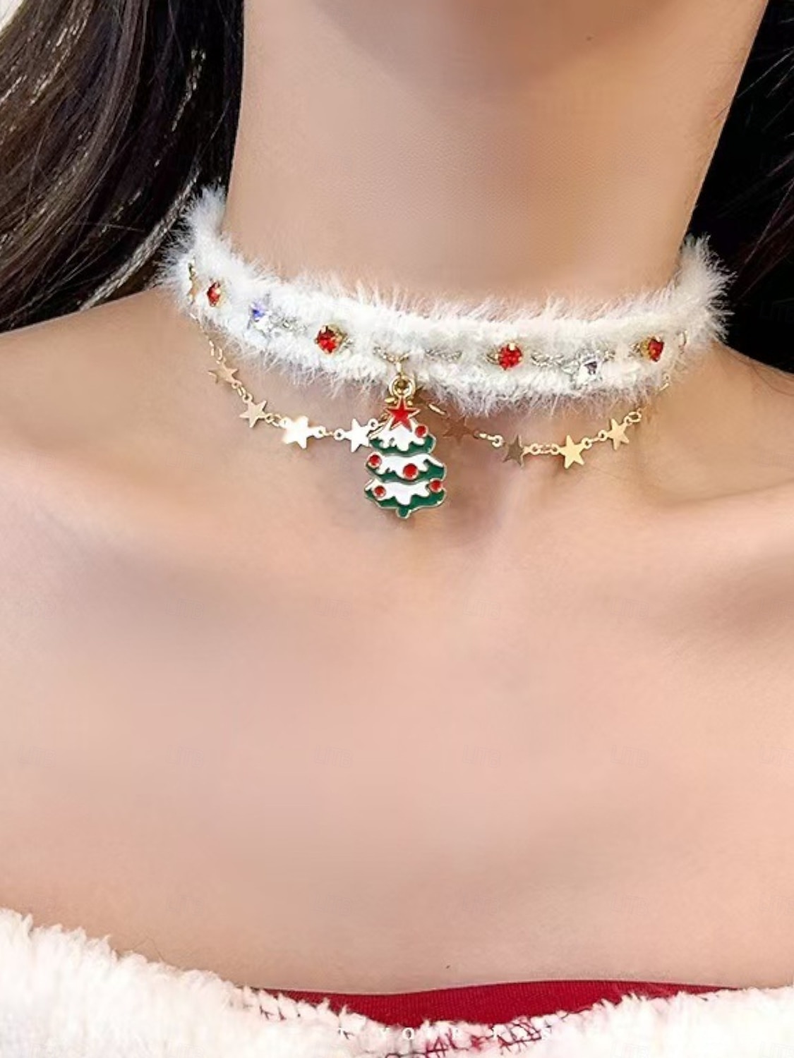 Kerstchoker met fluwelen strik voor dames, met imitatiebont en gouden bel, feestelijke feestdagenhalsketting voor kerstfeestjes en wintervieringen 2026 - $7.99 –P7