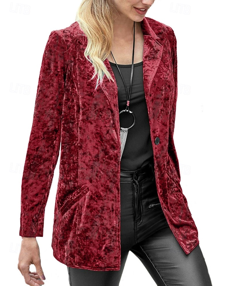 Damen Blazer Samtblazer Bequem Tasche Knöpfe Mode Einfach Party Party / Abend Regulär Umlegekragen Normale Passform Langarm Oberbekleidung Marineblau Schwarz Wein Frühling Herbst 2025 - $28.99 –P9