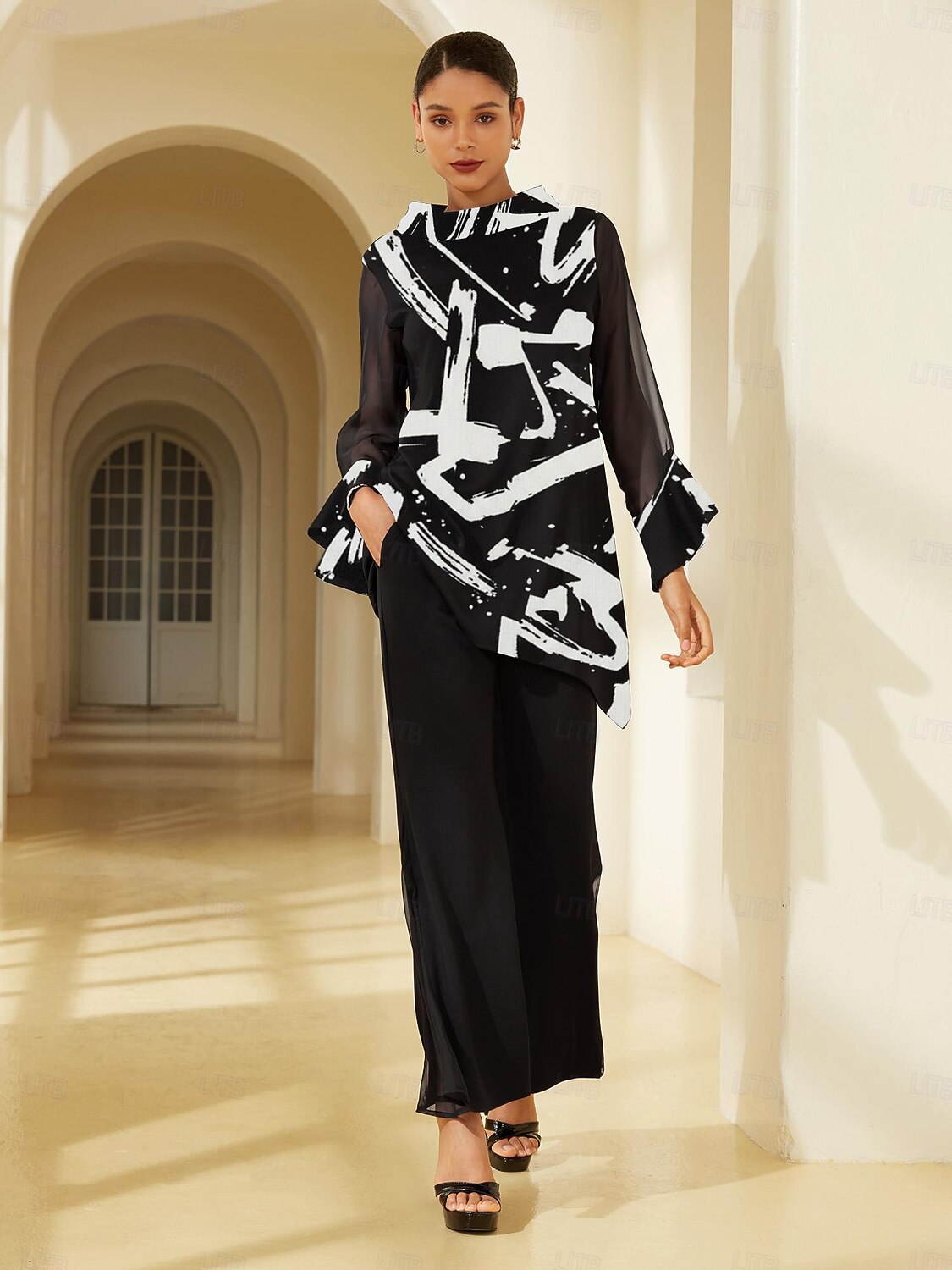 Bluză de damă neagră cu imprimeu floral, șifon elastic, mâneci scurte, decolteu tip bateau, casual, confortabil, primăvară, vară, toamnă, vacanță 2026 - $67.99 –P3
