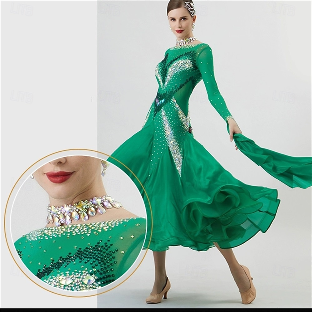 Women's Ballroom Dance Dress Rhinestone Long Sleeve Waltz Tango Competition  Performance Gown with Flowing Chiffon Cape  Emerald Green 2026 - $635.89