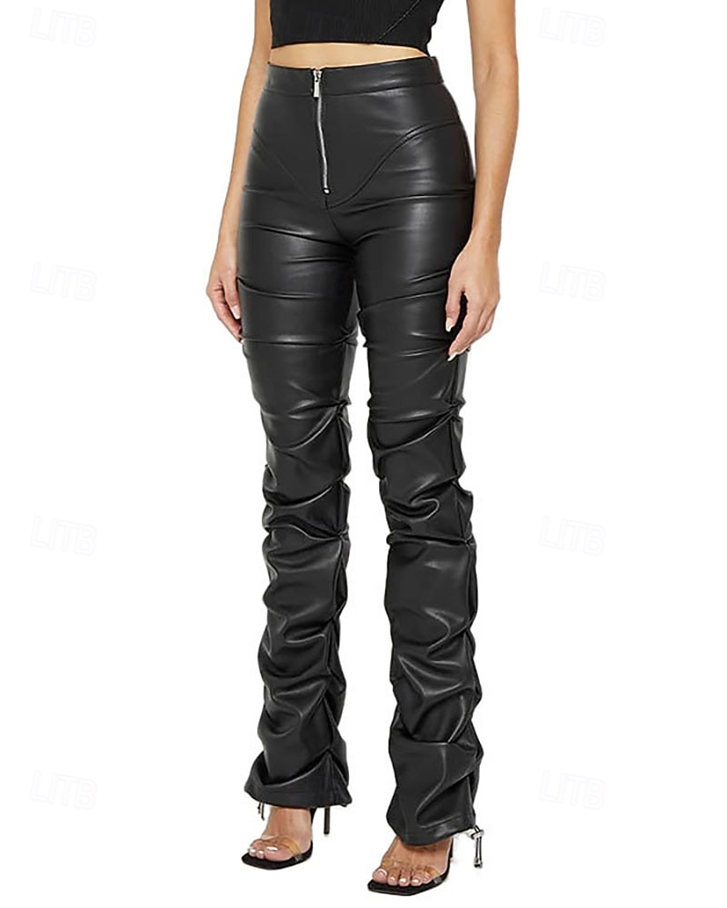 Per donna Pantaloni di pelle Moda Streetwear Casual Lunghezza intera Vita media Semplice Cerniera Tasca Confortevole Micro-elastico Quotidiano All'aperto Vacanza Bianco latte Verde translucido Nero del 2026 a $44.99 –P9