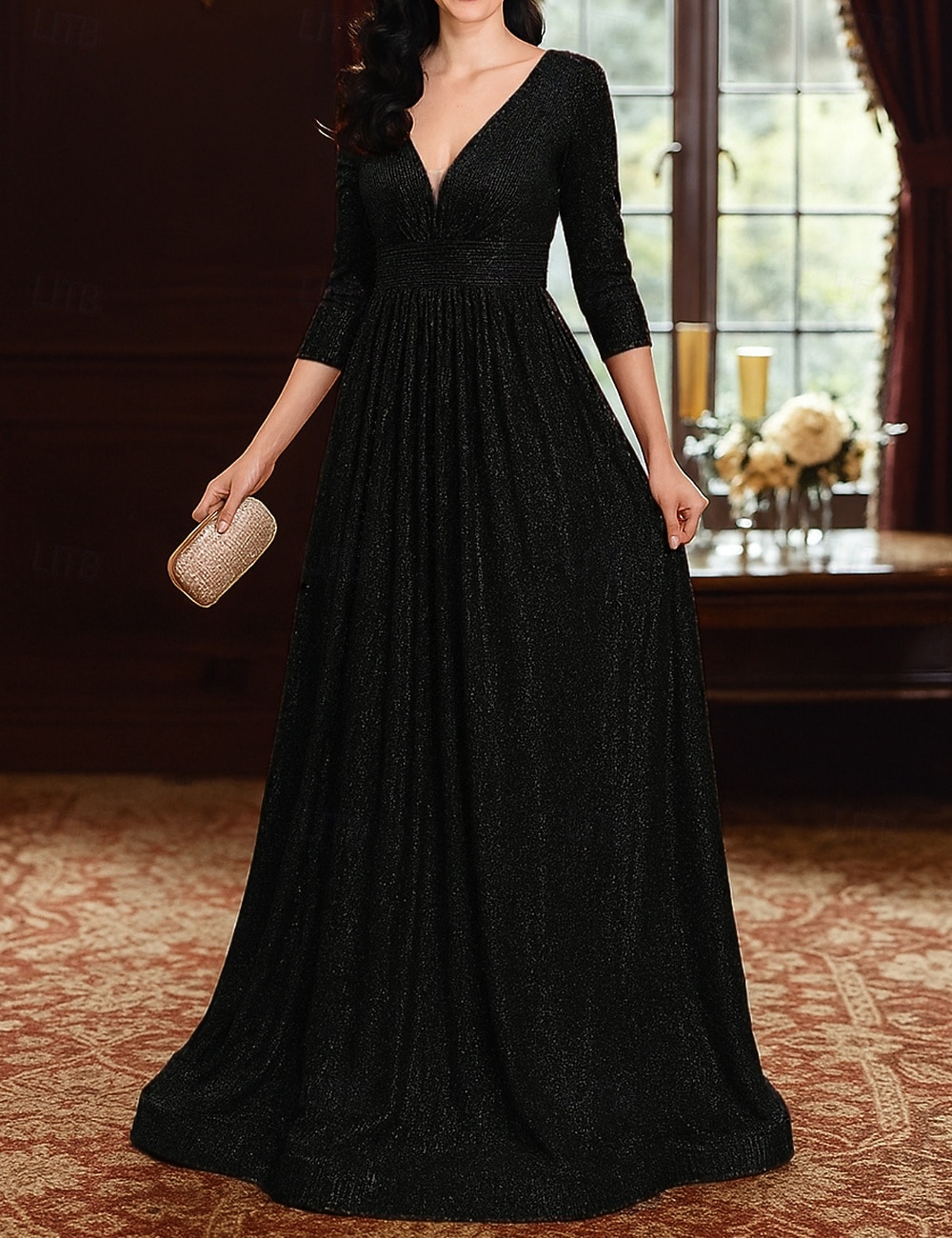2026年 Ａライン フロア丈 ウェディングゲストドレス フォーマルドレス イブニングガウン マダムドS 七分袖 Ｖネック エレガント パーティー 豪華 祝日 カクテルパーティー フォーマルイブニング チュール 〜と プリーツ スパンコール  コレクション – $98.99 –P6