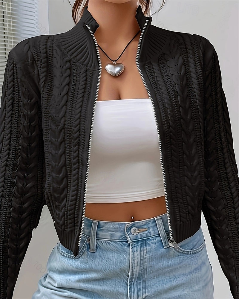 Women's Sweater Cardigan Elegant Fashion Cute Solid Color Stand Collar Zipper Knitted Print Long Sleeve Regular Tops Knit Outdoor Daily Holiday Wine Red Black Fall Winter 2026 - $28.99 –P4