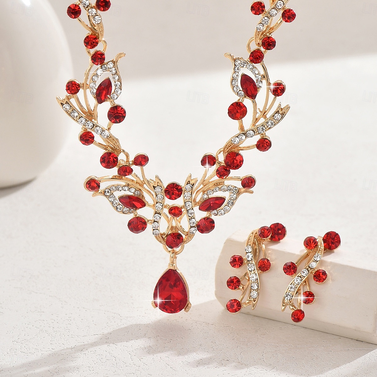 damski komplet biżuterii z czerwonymi kryształkami, elegancki naszyjnik i kolczyki z kryształkami ze złotymi zdobieniami, idealny na imprezy i wesela &wieczorne wydarzenia 2026 - $14.99 –P3