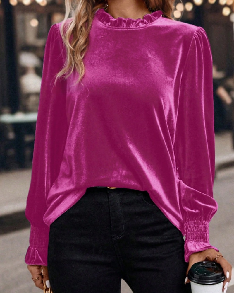 Per donna Velluto Elegant Elegante Blusa Arricciato Semplice Vintage Elegante Manica Lunga Girocollo Top Regolari Quotidiano Ferie Uscire Blu Verde militare Verde Rosa Autunno Inverno del 2026 a $12.99 –P7