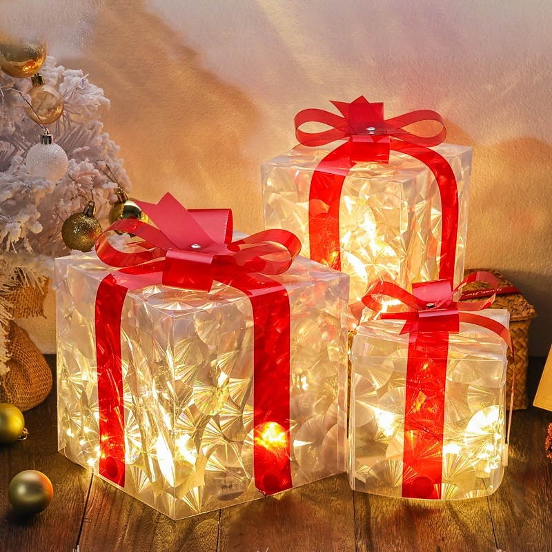 3 Pcs Christmas bow LED luminous gift box for indoor and outdoor Christmas atmosphere decoration lights, ornaments, props, AAA battery box 13/15/19CM 2025 - CAD $25.99 –P6