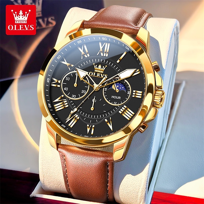 The New Olevs Brand Men'S Business Watch With Luminous Small Three Hands Moon Phase Display Multi-Functional Chronograph Three-Eye Casual Waterproof And Fashionable Quartz Watch Men'S Sports Wrist 2025 - $28.99 –P11