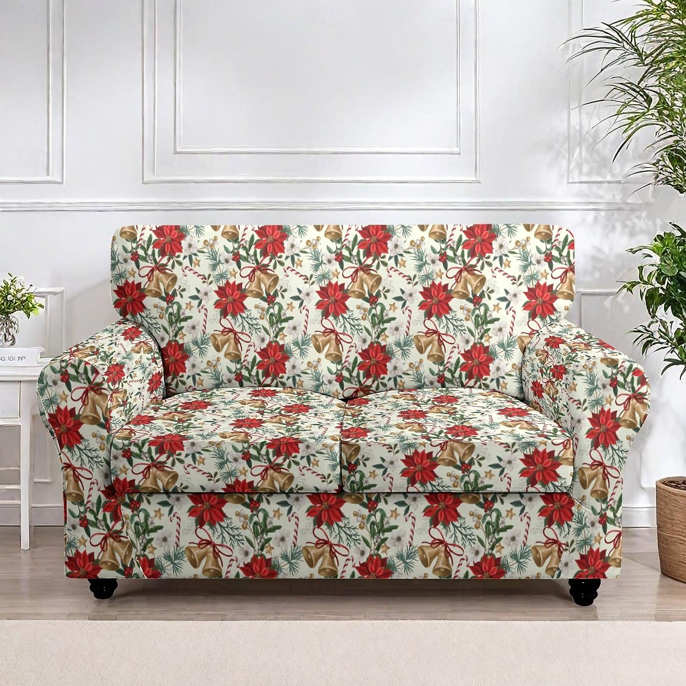 Fundas navideñas para sillones y sofás, confeccionadas en poliéster elástico teñido con hilo, con diseño de plantas, ideales para la decoración navideña del hogar. 2025 - $29.99 –P5