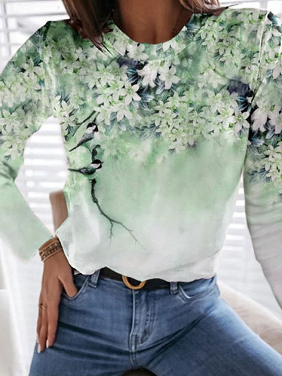 Women's T Shirt Print Floral Graphic Plants Vintage Fashion Stylish Long Sleeve Crew Neck Round Neck Regular Tops Daily Weekend Blue Pink Purple Green Summer Spring Fall 2026 - $24.99 –P4