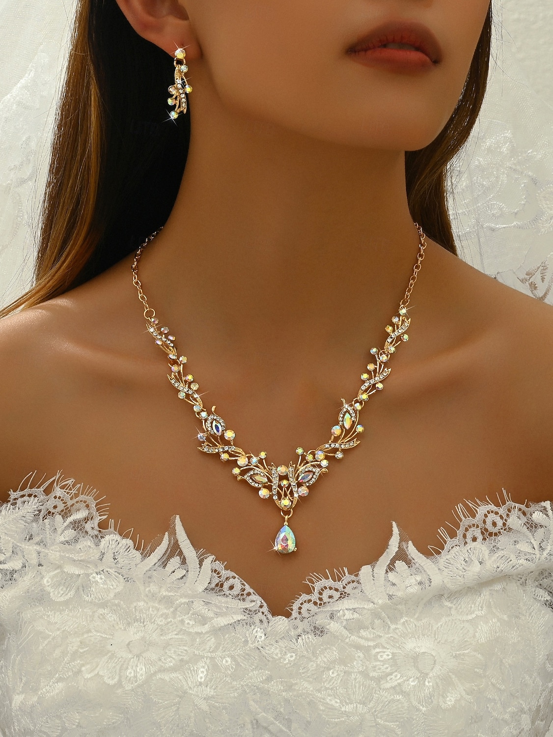 damski komplet biżuterii z czerwonymi kryształkami, elegancki naszyjnik i kolczyki z kryształkami ze złotymi zdobieniami, idealny na imprezy i wesela &wieczorne wydarzenia 2026 - $14.99 –P8