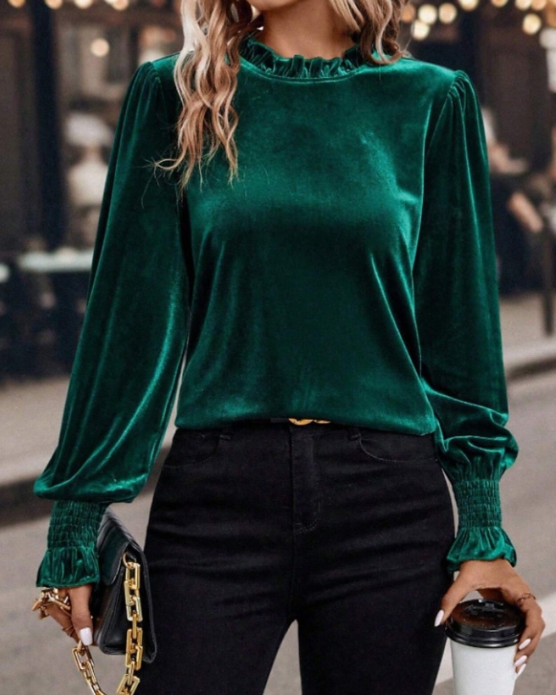 Per donna Velluto Elegant Elegante Blusa Arricciato Semplice Vintage Elegante Manica Lunga Girocollo Top Regolari Quotidiano Ferie Uscire Blu Verde militare Verde Rosa Autunno Inverno del 2026 a $12.99 –P9