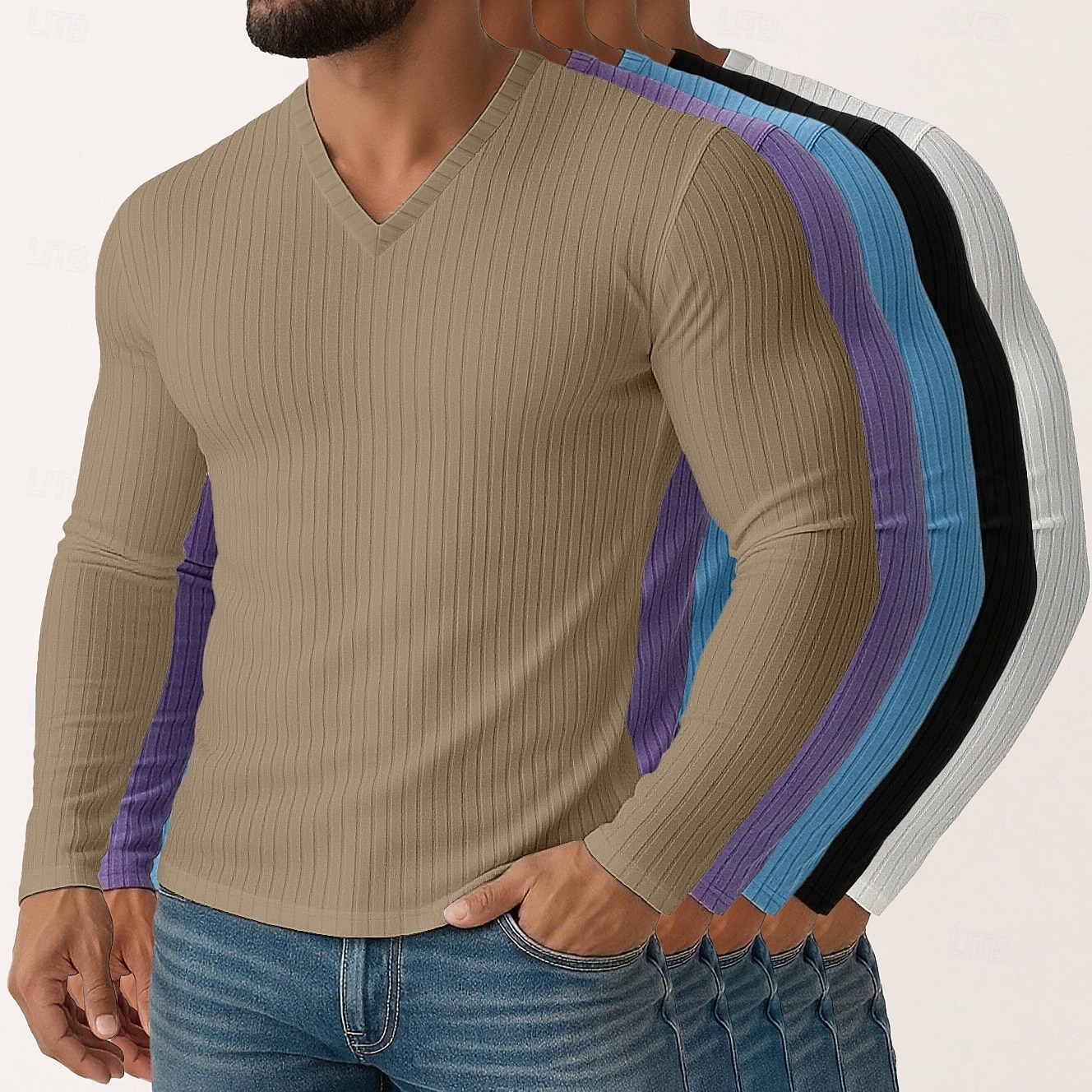 Miesten T-paita Ribbineulos T-paita Pitkähihainen paita Pitkähihainen V kaula-aukko Kevät Syksy Talvi Tavallinen Pystysuuntaiset nauhat Pit Strip Muoti Suunnittelija Perus 5-osainen Monipakkaus Loma 2025 - $75.99 –P3