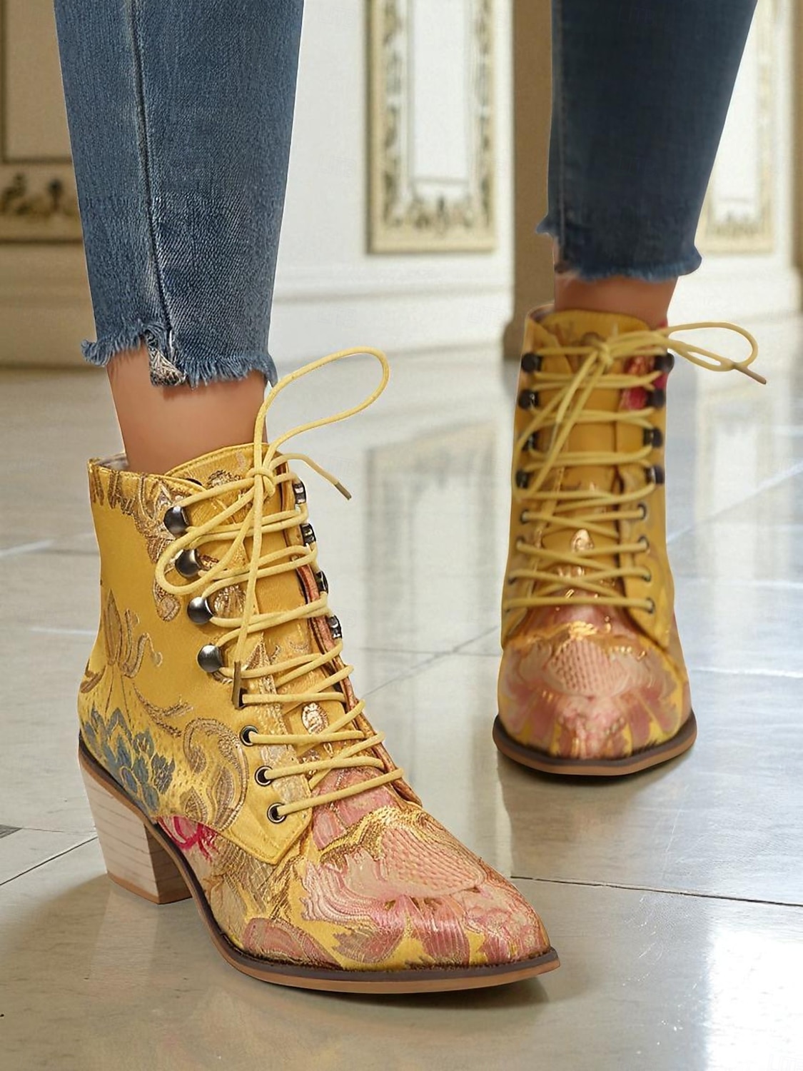 Women's Purple Jacquard Lace-Up Ankle Boots with Floral Embroidery and Low Block Heel - Baroque Vintage Style Boots for Ladies, Perfect for Festivals, Gatsby Parties 2026 - $54.99 –P2