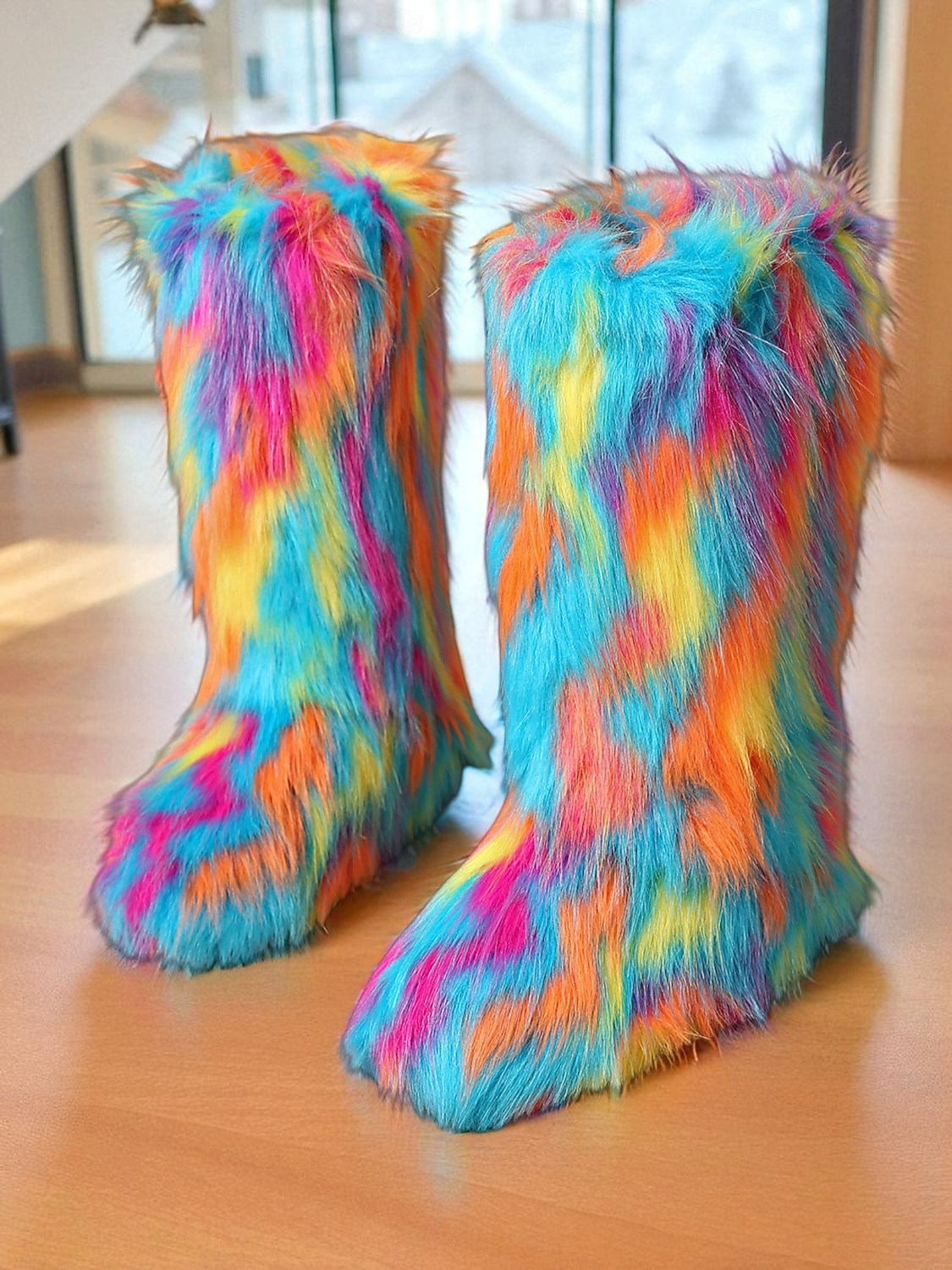 Women's Multicolor Faux Fur Festival Boots, Fluffy Rainbow Knee-High Snow Boots for Rave, Party & Winter Music Festivals 2025 - $46.99 –P3