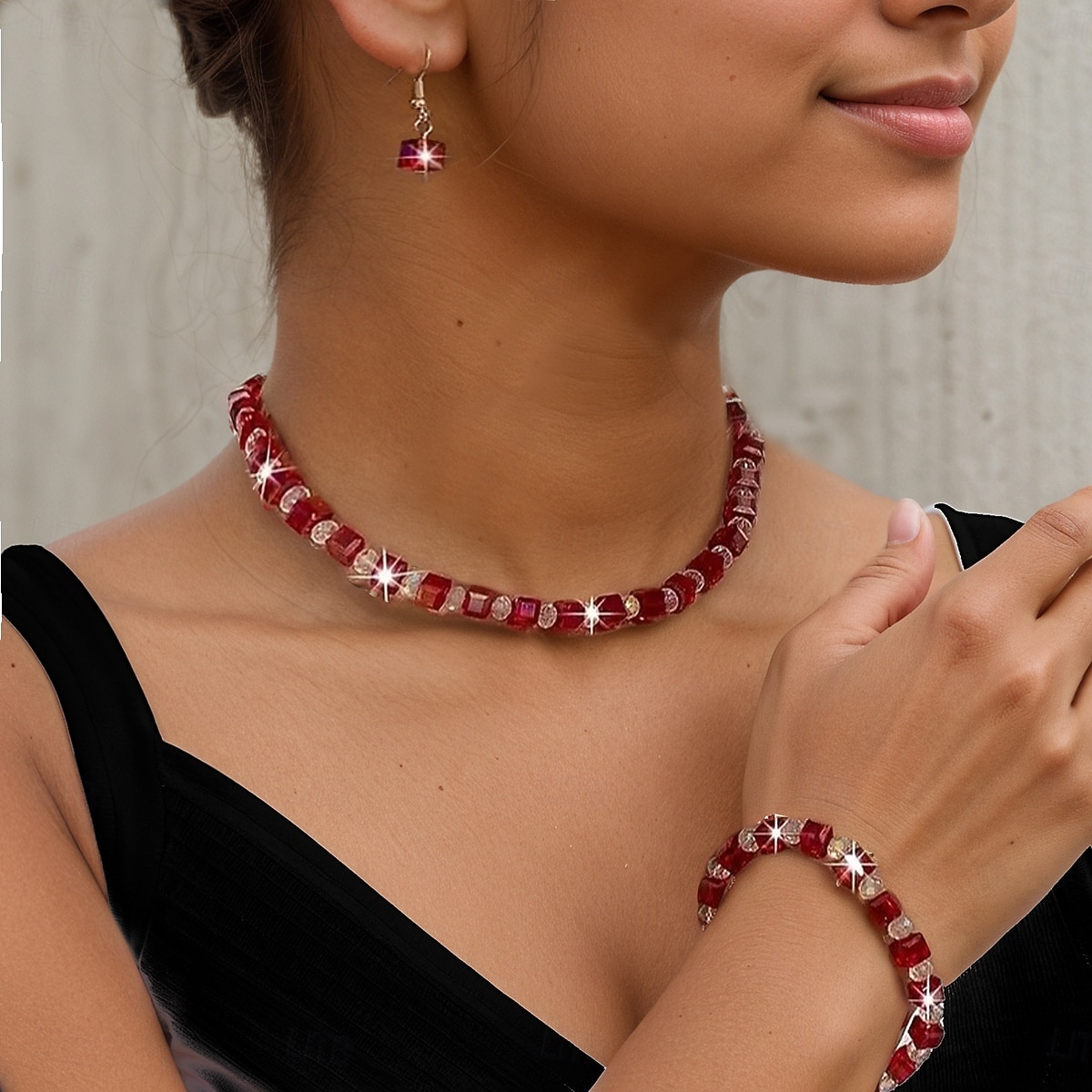 Conjunto de joyas con cuentas de cristal rojo para mujer para fiesta de Navidad, elegante collar y pulsera. &Juego de pendientes colgantes para celebraciones navideñas y eventos formales. 2026 - $14.99 –P4