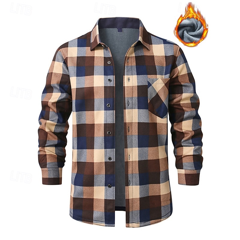 Hombre Camisa Camisa casual Camisa de franela Camisa de lana Abotonar la camisa Rojo Color Caquí Gris Manga Larga Plaid Diseño Vacaciones Festivos Bolsillo Ropa Poliéster Moda Mantiene abrigado 2026 - $29.99 –P1