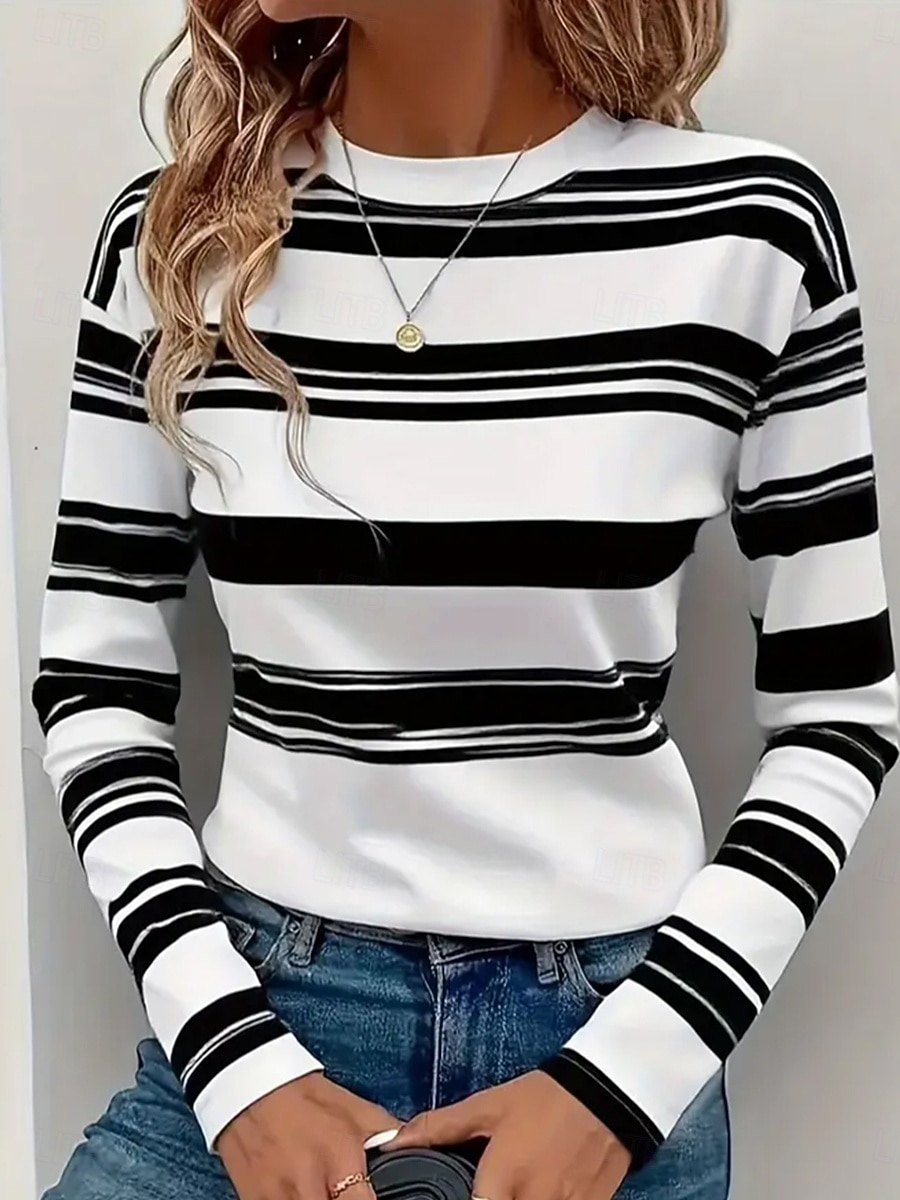 Mujer Camiseta Estampado Graphic A Rayas Vintage Moda Elegante Manga Larga Cuello Barco Tops regulares Diario Fin de semana Azul Piscina Blanco Caqui Otoño Invierno 2026 - $24.99 –P2