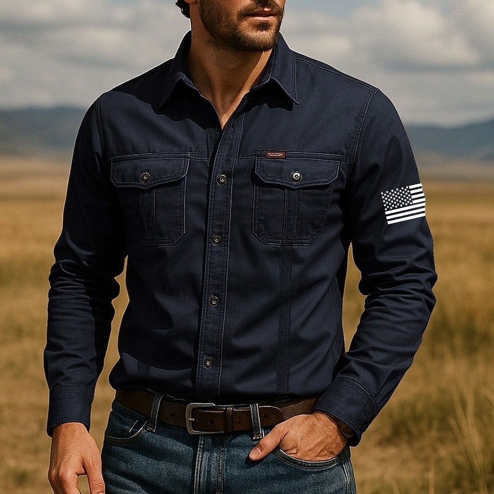 Herren Amerikanische US-Flagge Patriotisch Arbeitshemd Westernhemd Cargohemd Langarm Taktisch Vintage-Retro Sport im Freien Arbeitskleidung Frühling Herbst Umlegekragen Zwei Fronttaschen Hemden mit 2026 - $27.99 –P1