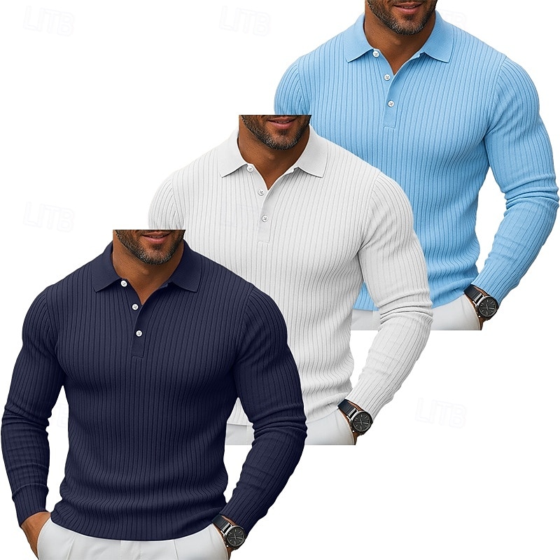 3 db-os férfi bordás kötésű felső golf pólóing többes csomag utcai lezser hajtókás hosszú ujjú alapvető modern egyszínű gombos tavasz ősz minden évszak karcsúsított bordás kötésű felső 2025 - $59.99 –P7