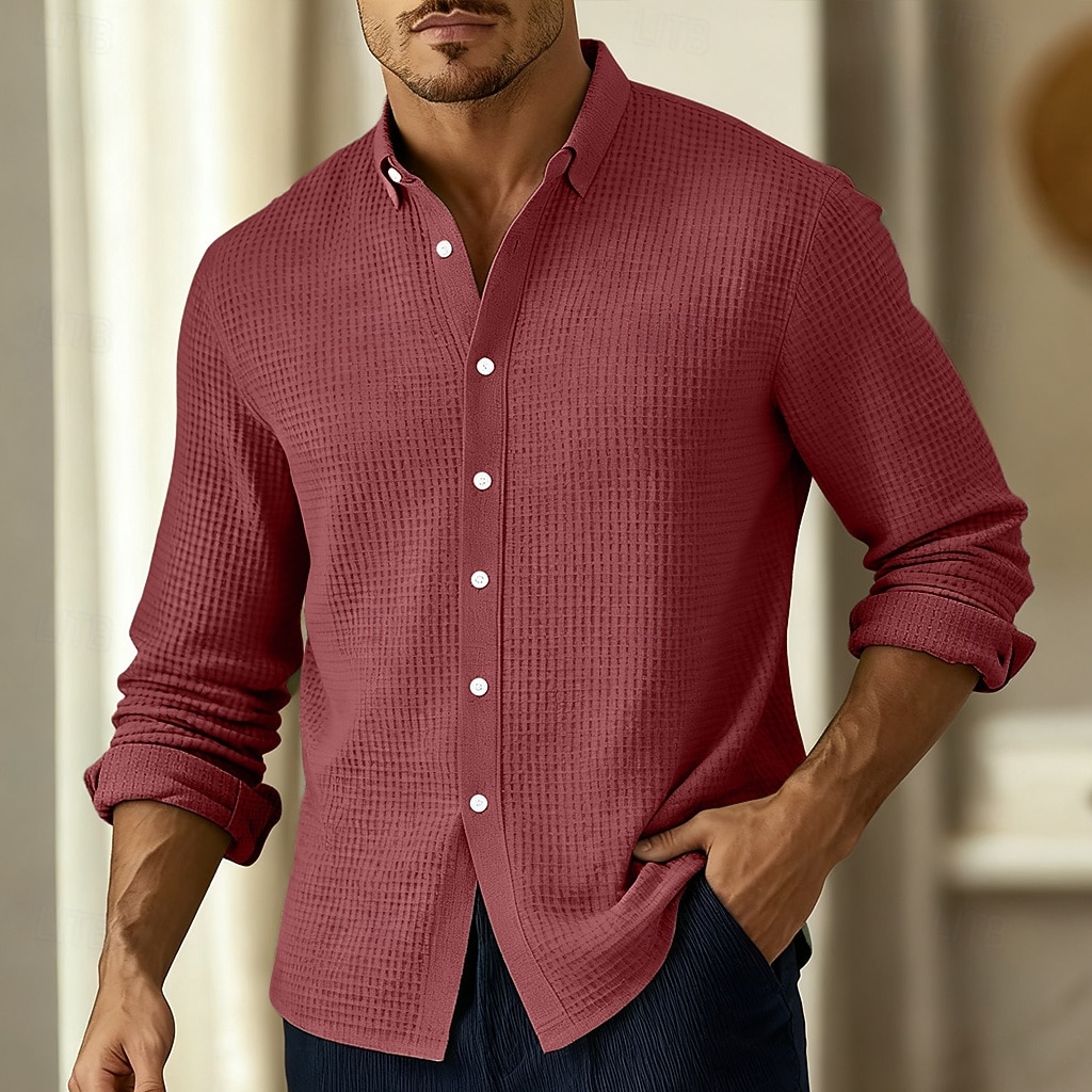 Men's Shirt Waffle Shirt Casual Shirt Button Up Shirt Black Wine Navy Blue Green Long Sleeve Plain Lapel Casual Daily Clothing Apparel Fashion Streetwear Casual 2026 - $25.99 –P5