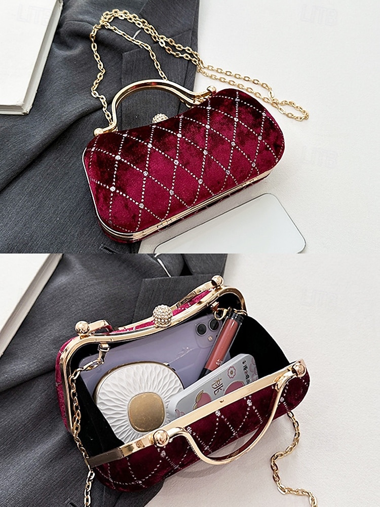 Damska aksamitna pikowana wieczorowa torebka z diamentowymi akcentami – elegancka torebka na ramię na świąteczne przyjęcia, spotkania i specjalne okazje 2026 - $19.99 –P8