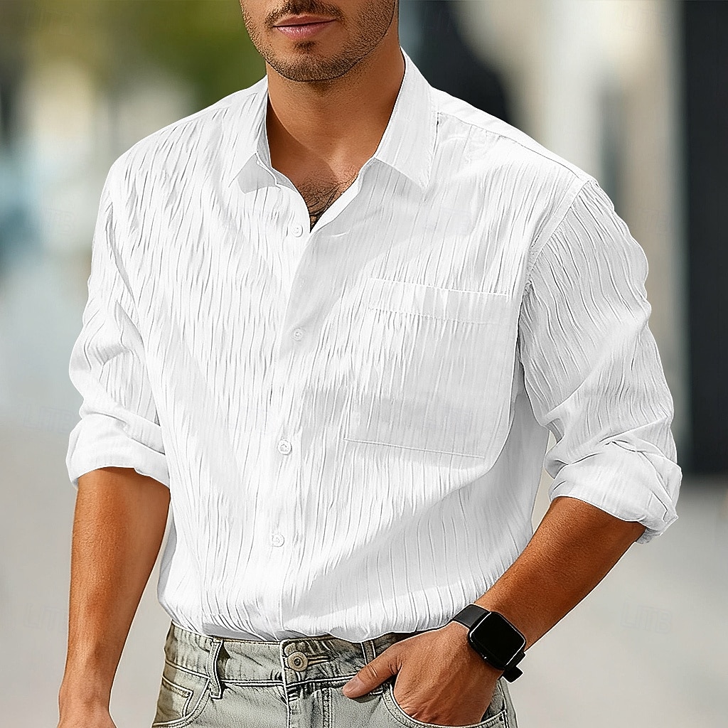 Homens Camisa Social Camisa casual camisa de praia camisa de botão Camisa de algodão Preto Branco Verde Manga Longa Côr Sólida Tecido Aberto para a Lateral Férias Casual Bolsos Roupa Moda Moderna de 2026 por $25.99 –P1