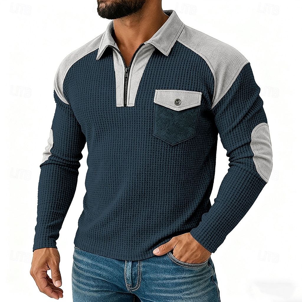 Men's Waffle Tee Waffle Henley Shirt Shirts With Elbow Patches Long Sleeve Lapel Quarter Zip Fall Spring &  Fall Solid Color Fashion Basic Casual Pockets Patchwork Color Block Casual Street Sports 2026 - $32.99 –P1