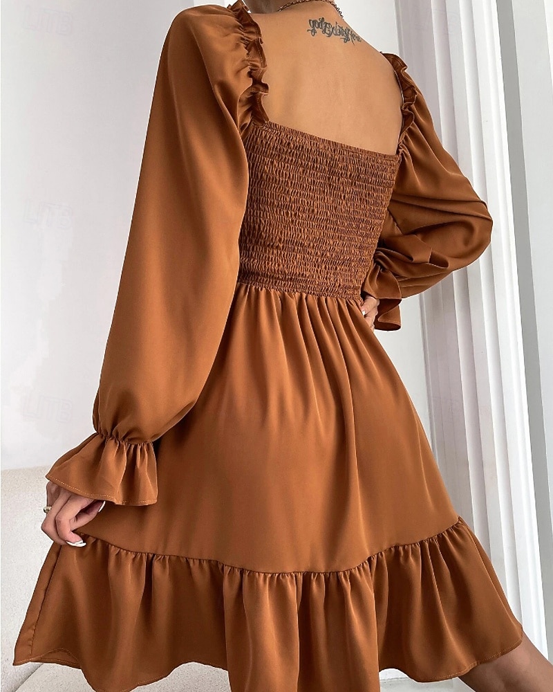 Damen Minikleid Schößchen Kleider Gerafftes Kleid Modern Outdoor Ferien Ausgehen Normale Passform Einfach Langarm Quadrathals Schwarz Wein Armeegrün Leicht Braun Frühling Herbst 2025 - $24.99 –P15